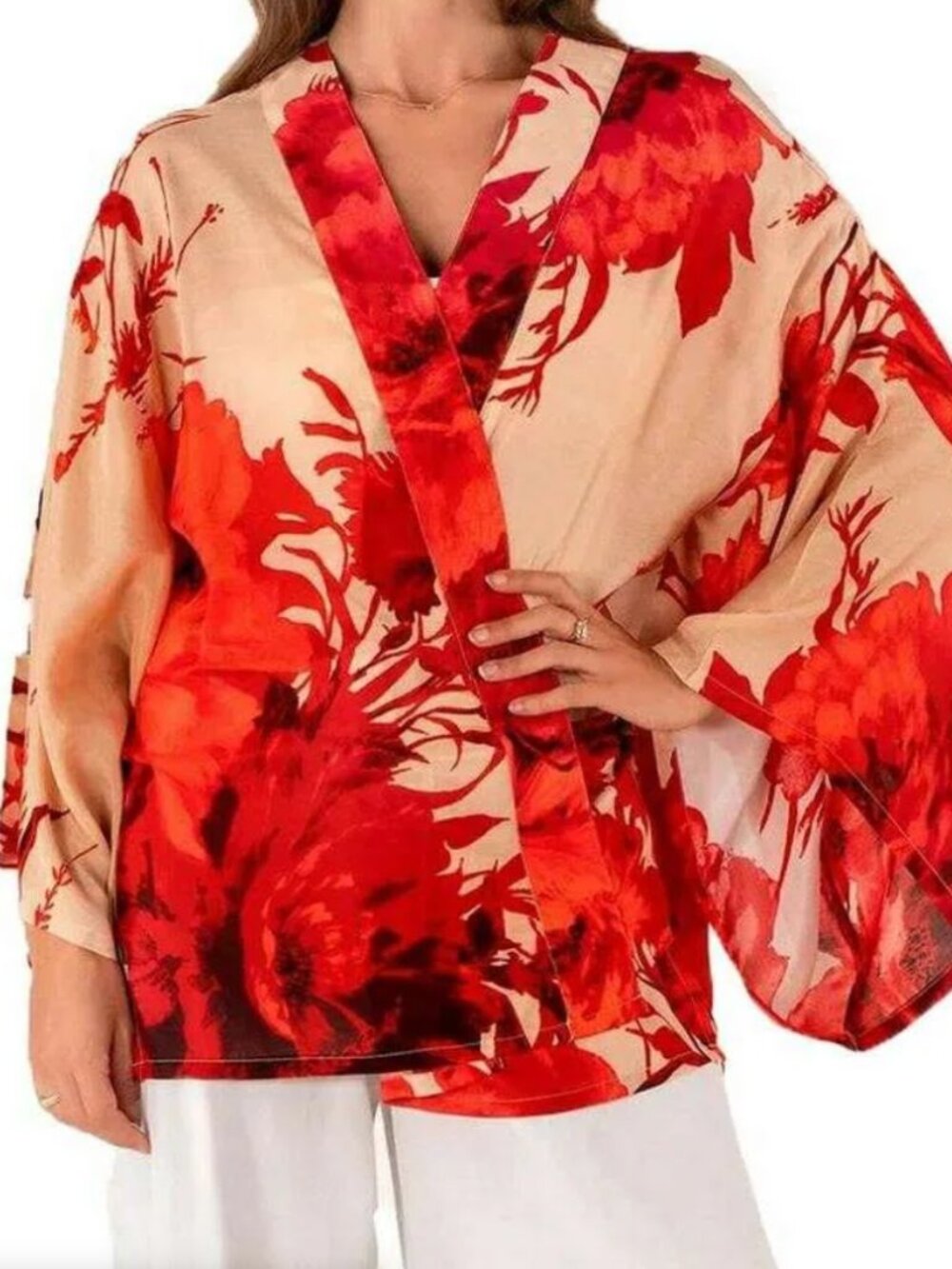 Powder Floral Open-Front Kimono Wrap in Red and Cream